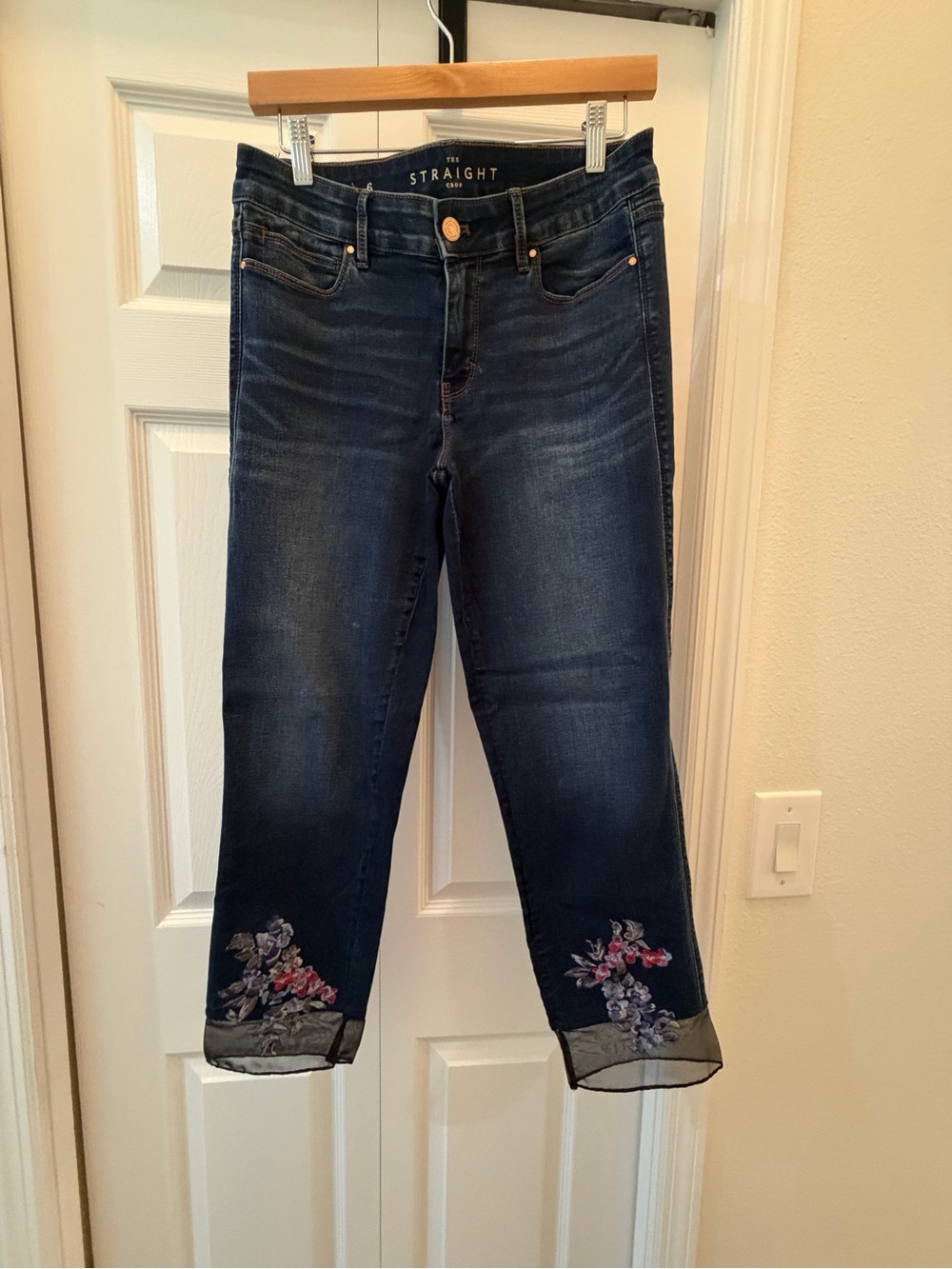 White House Black Market Dark Blue Straight Jeans with Embroidered Floral Hem